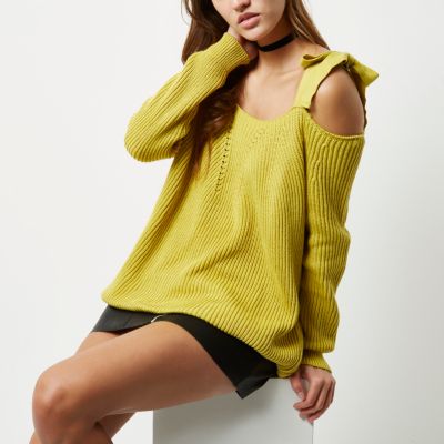 Yellow tie shoulder knit jumper